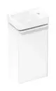 Weißer Waschtischunterschrank von Hansgrohe mit einer Schublade und einem Handwaschbecken. Der Türanschlag ist links angebracht. Schlichte, moderne Linienführung.